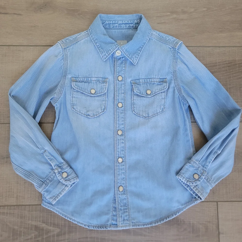 Baby GAP Boys Blue Chambray Denim Snap Up Western Shirt Unisex Sz 5 Long Sleeved